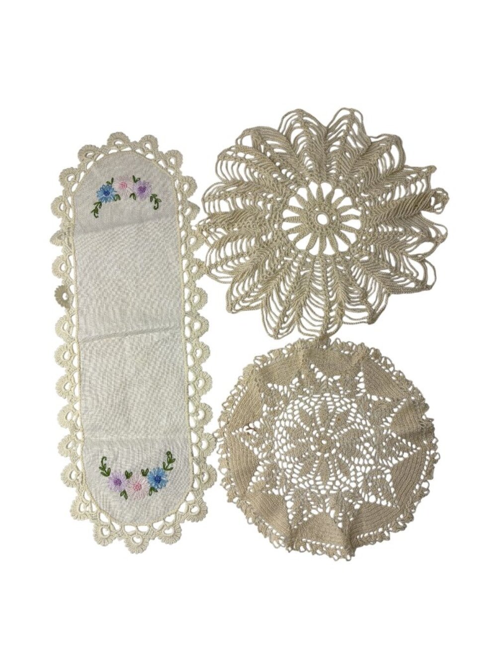 3pc Vintage Crochet Doilies & Runner Set | Cottagecore Farmhouse Table Linens